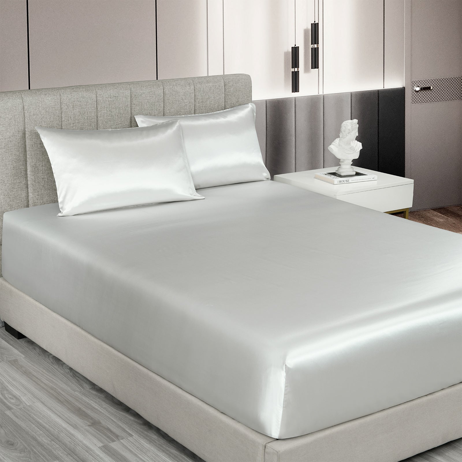 Royal Comfort Satin Sheet Set 3 Piece Fitted Sheet Pillowcase Soft - King - Silver V160-10003469