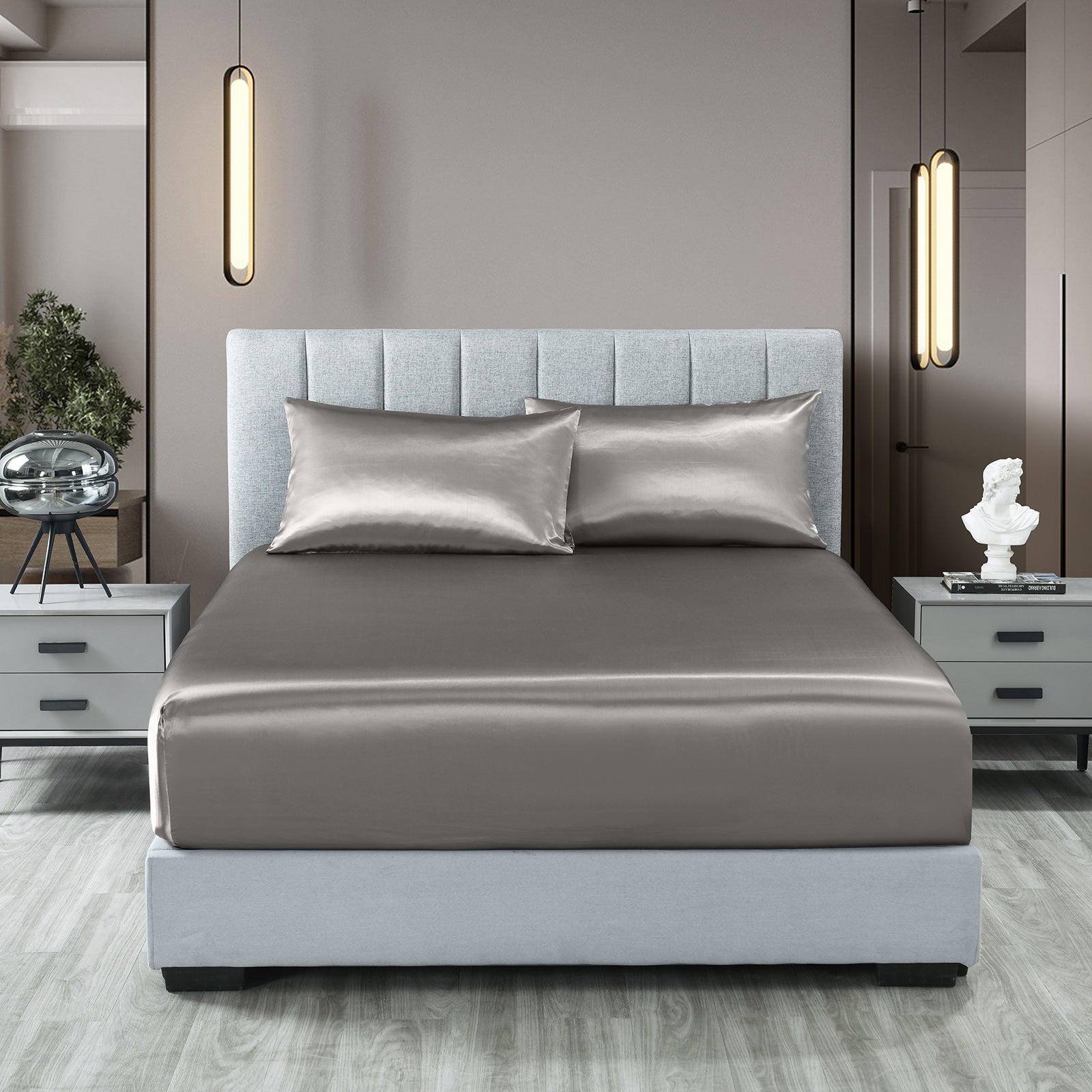 Royal Comfort Satin Sheet Set 3 Piece Fitted Sheet Pillowcase Soft - King - Charcoal V160-10003470