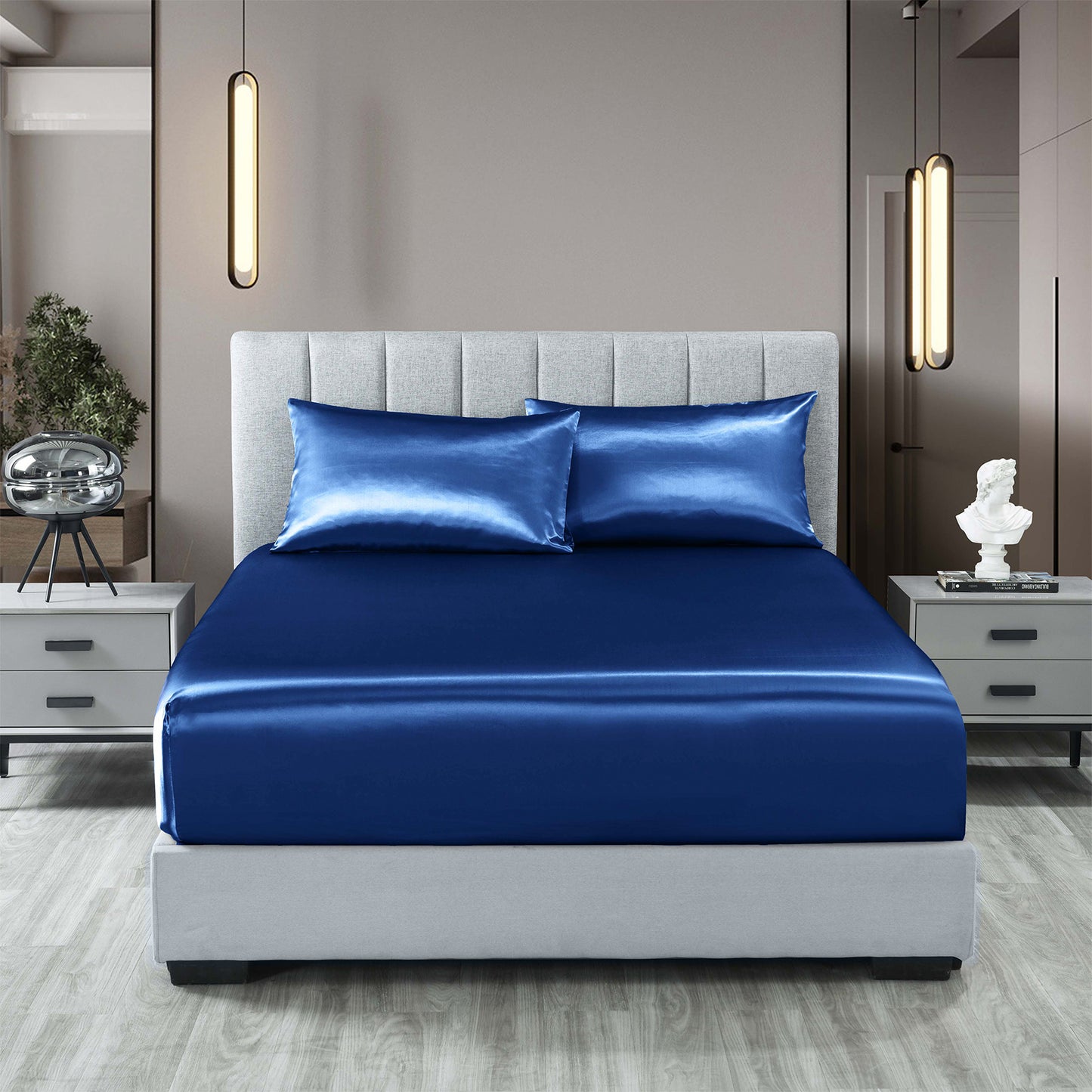 Royal Comfort Satin Sheet Set 3 Piece Fitted Sheet Pillowcase Soft - King - Navy Blue V160-10003471