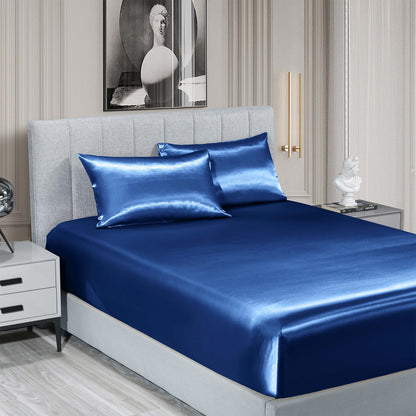 Royal Comfort Satin Sheet Set 3 Piece Fitted Sheet Pillowcase Soft - King - Navy Blue V160-10003471