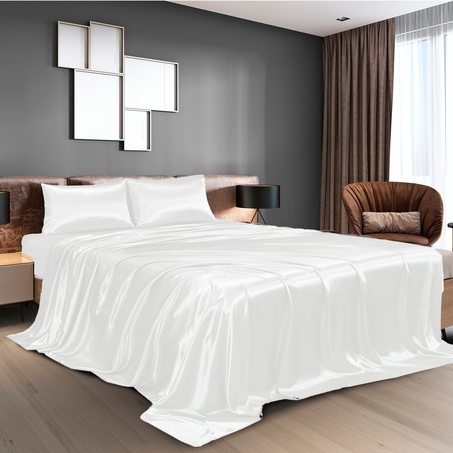 Royal Comfort Satin Sheet Set 4 Piece Fitted Flat Sheet Pillowcases - King - White V160-10003478