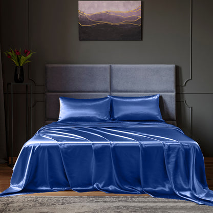 Royal Comfort Satin Sheet Set 4 Piece Fitted Flat Sheet Pillowcases - King - Navy Blue V160-10003483