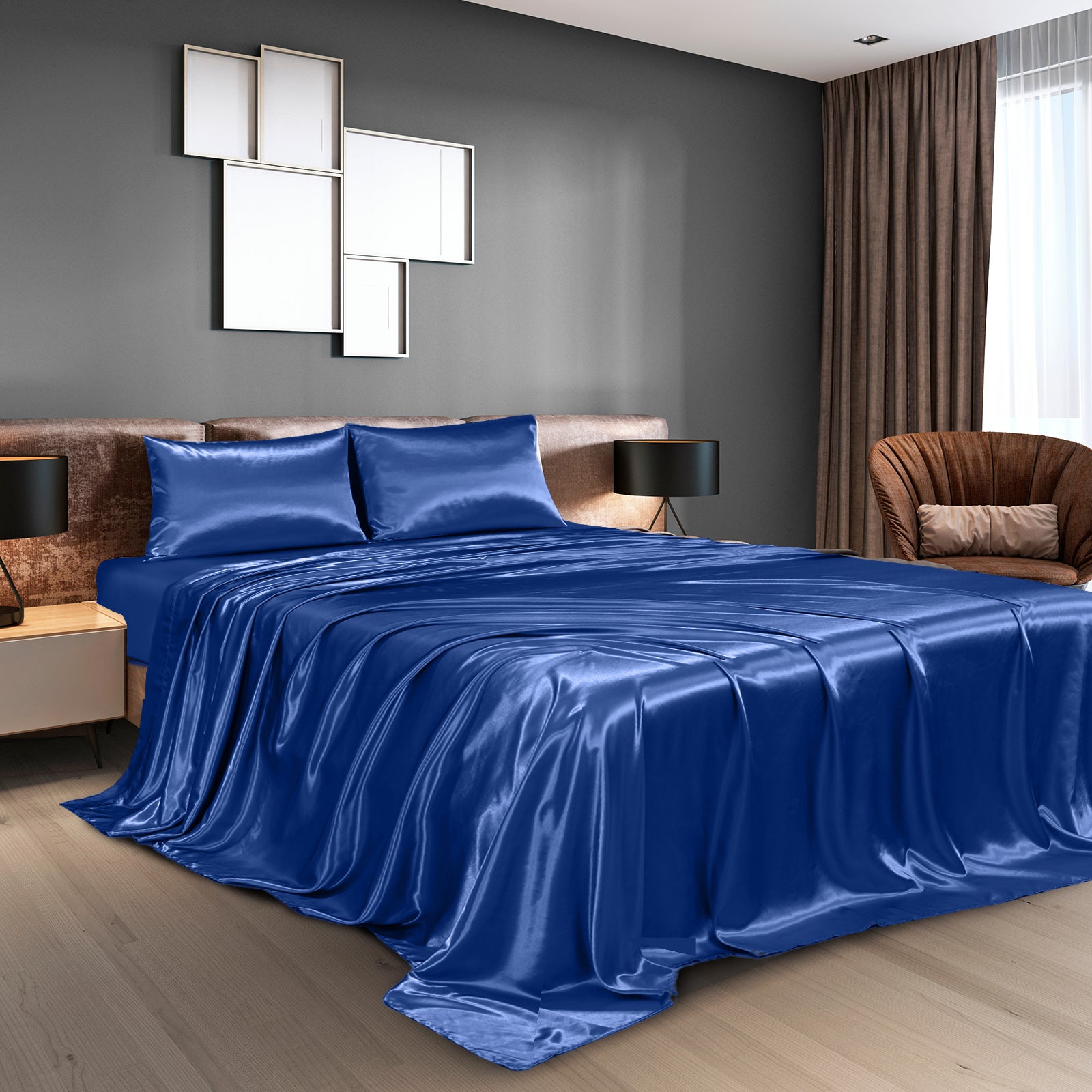 Royal Comfort Satin Sheet Set 4 Piece Fitted Flat Sheet Pillowcases - King - Navy Blue V160-10003483