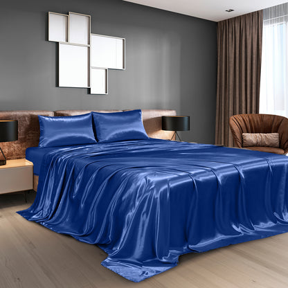Royal Comfort Satin Sheet Set 4 Piece Fitted Flat Sheet Pillowcases - King - Navy Blue V160-10003483