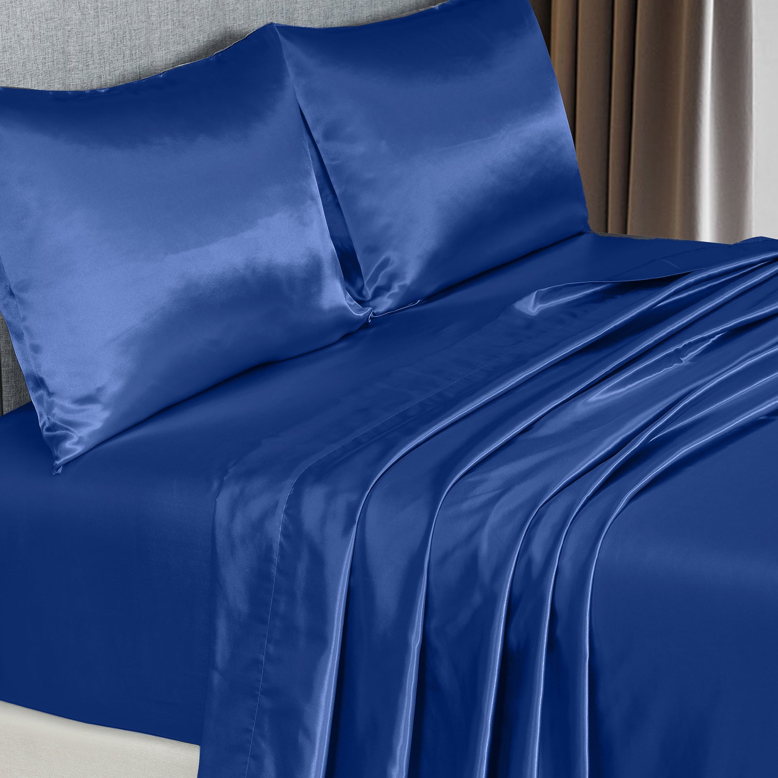 Royal Comfort Satin Sheet Set 4 Piece Fitted Flat Sheet Pillowcases - King - Navy Blue V160-10003483