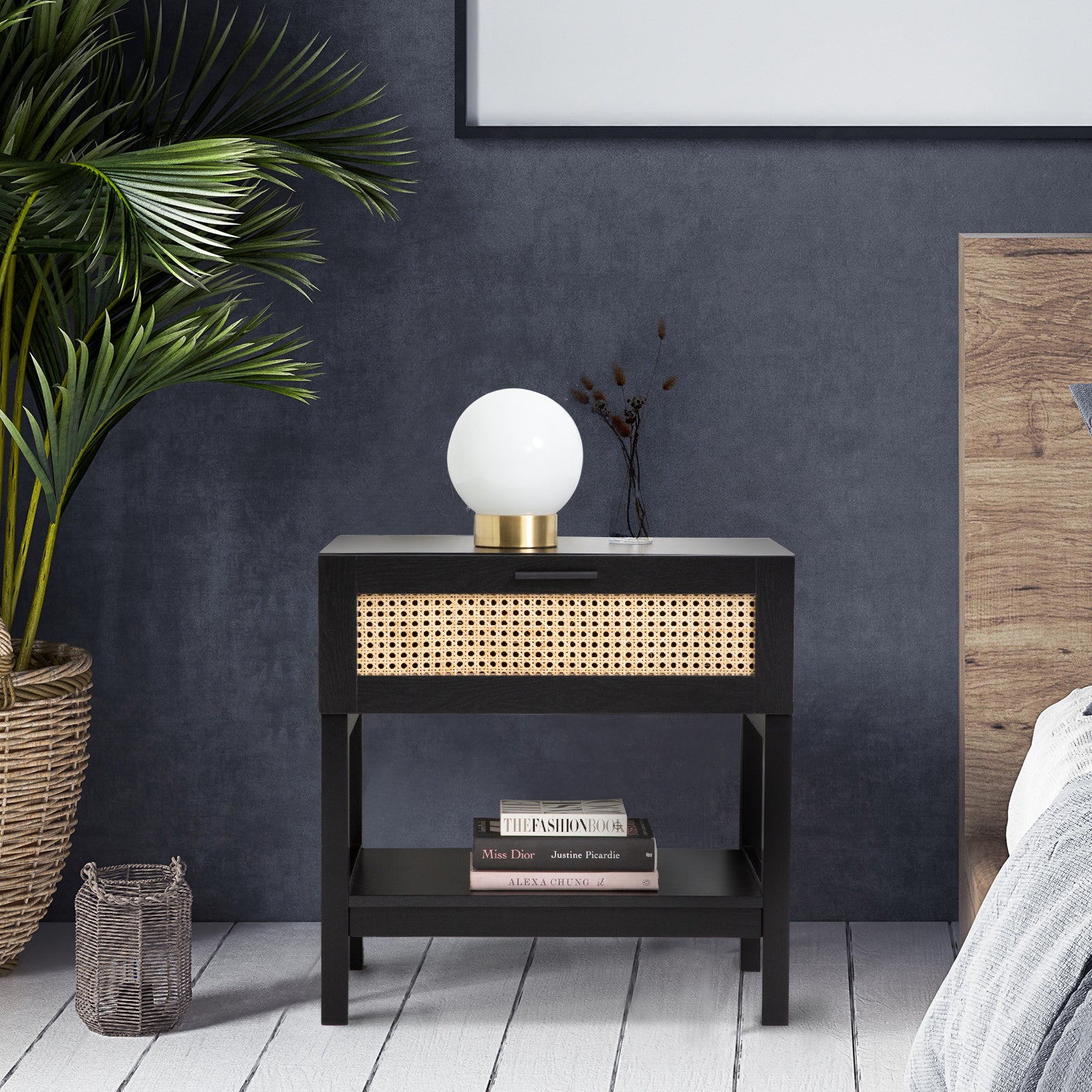 Casa Decor Tulum Rattan Bedside Table Drawers Table Nightstand Cabinet Black V160-10003614