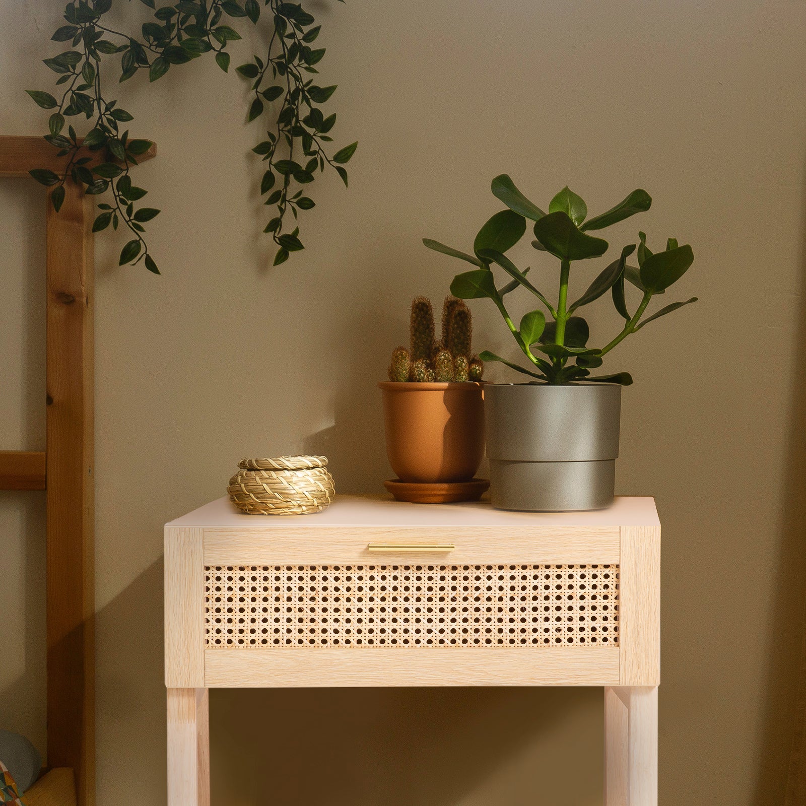 Casa Decor Santiago Rattan Bedside Table Drawers Table Nightstand Cabinet Oak V160-10003619
