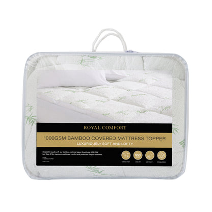 Royal Comfort 1000GSM Luxury Bamboo Covered Mattress Topper Ball Fibre Gusset - Single - White V160-10003778