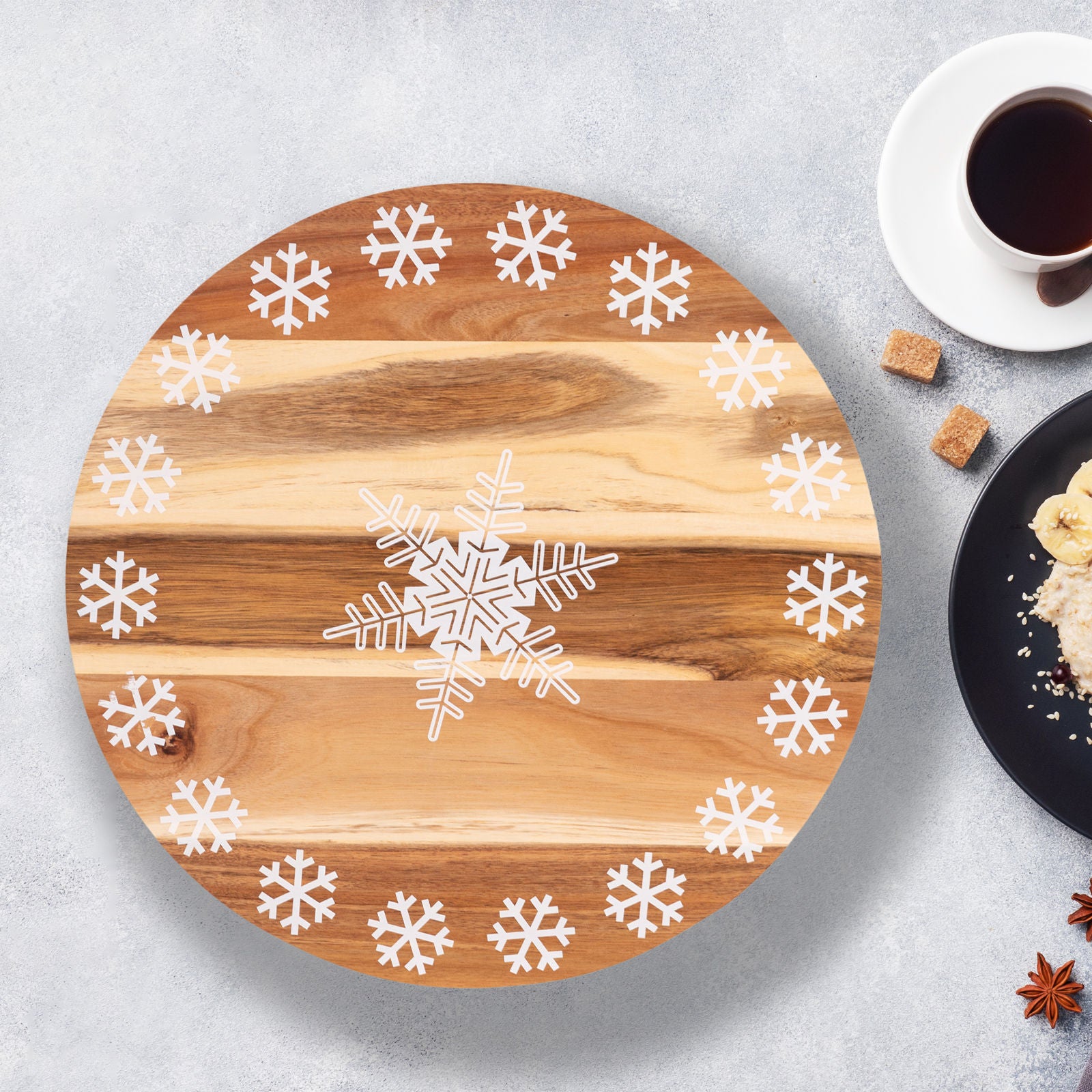 Bread and Butter 18 Inch Print Wooden Lazy Susan Tray - White Snowflake V160-10004449