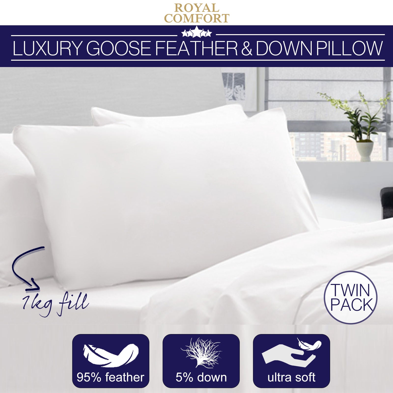 Royal Comfort Goose Down Feather Pillows 1000GSM 100% Cotton Cover - Twin Pack V160-201095