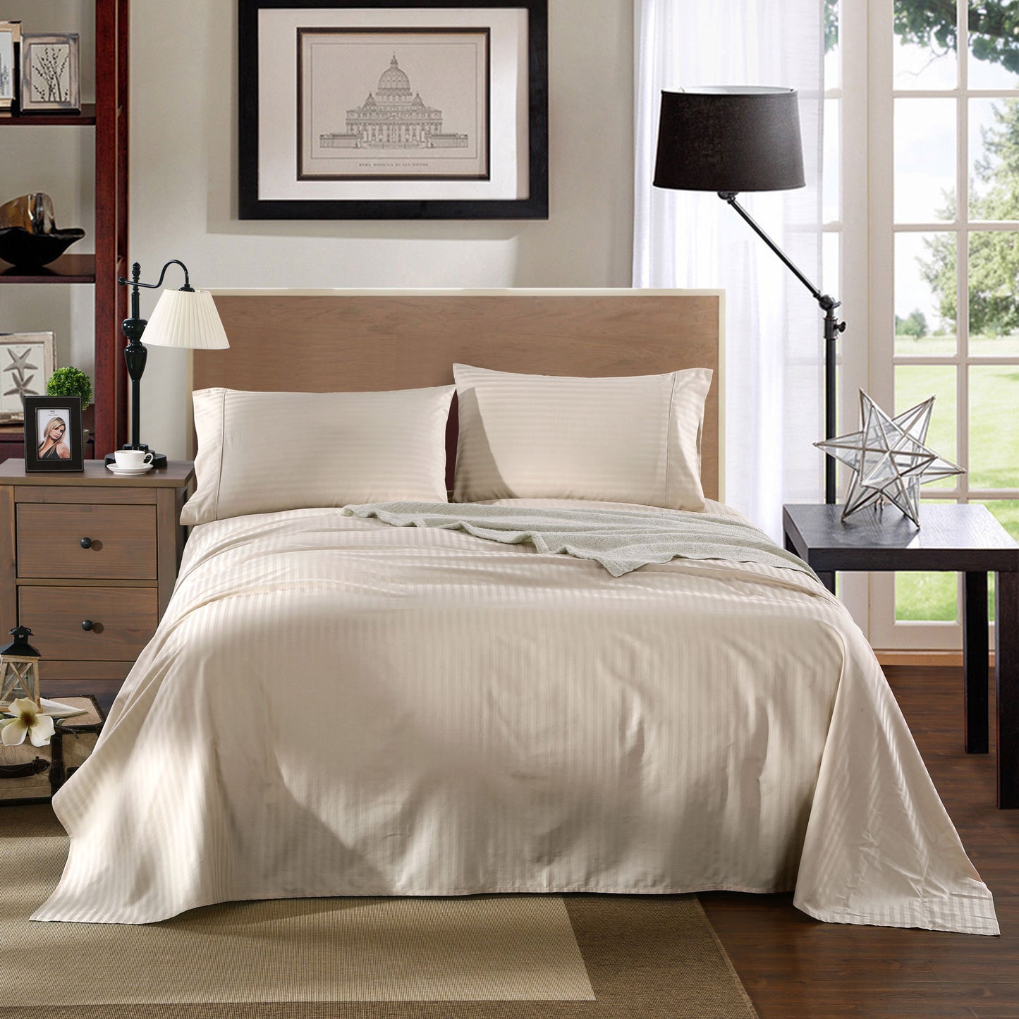 Kensington 1200 Thread Count 100% Egyptian Cotton Sheet Set Stripe Hotel Grade - Double - Sand V160-202129