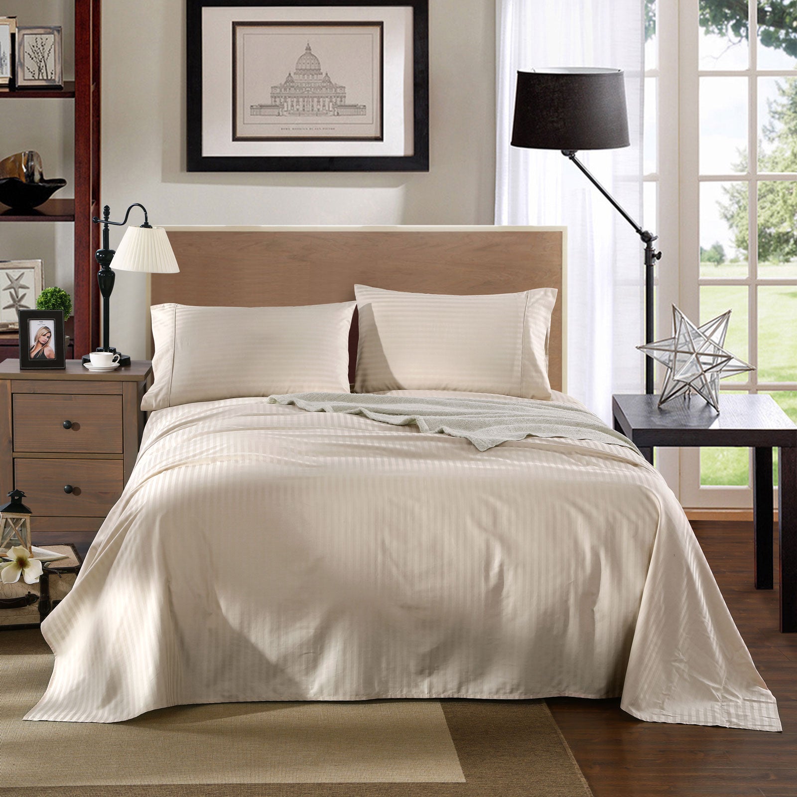Kensington 1200 Thread Count 100% Egyptian Cotton Sheet Set Stripe Hotel Grade - King - Sand V160-202141