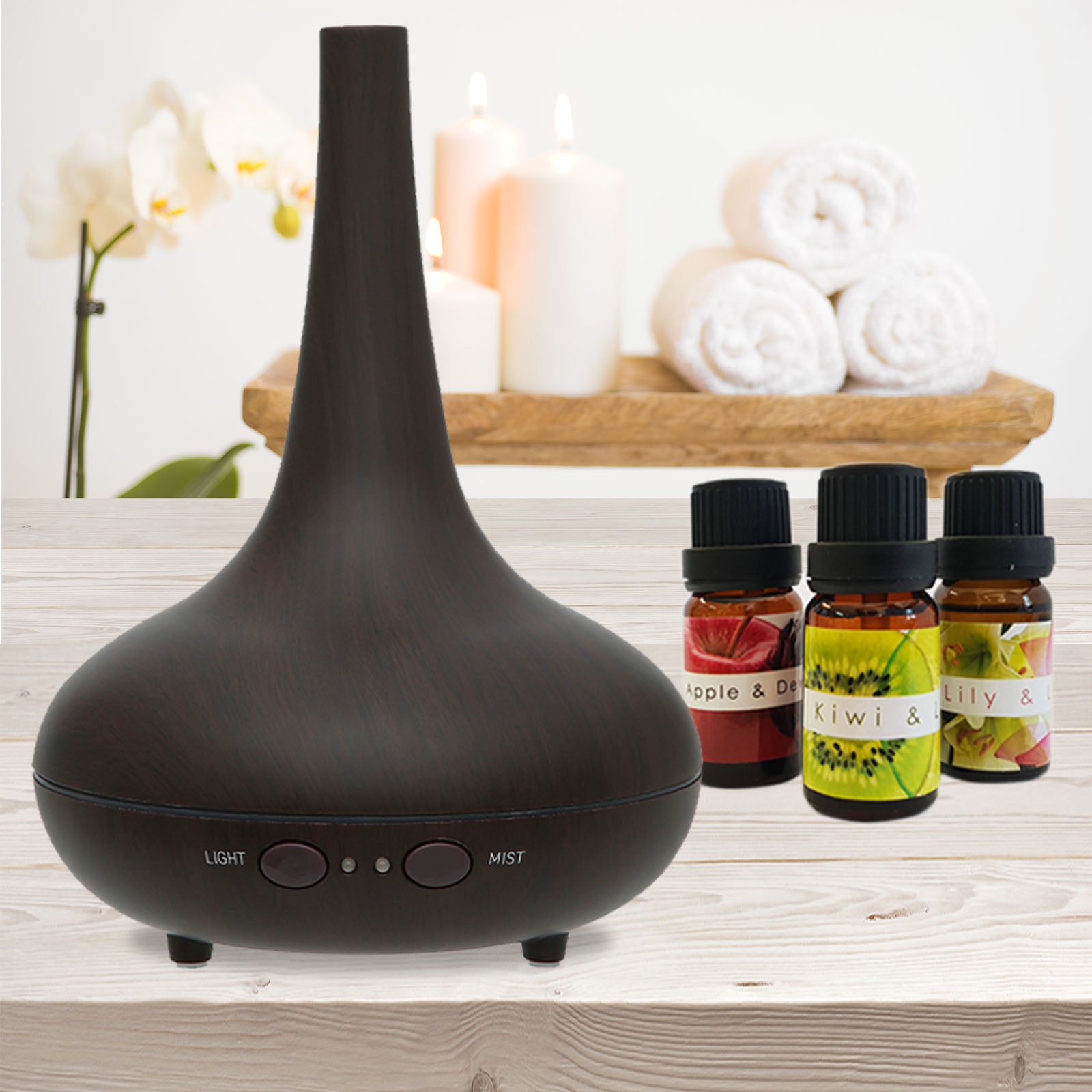 Essential Oil Diffuser Ultrasonic Humidifier Aromatherapy LED Light 200ML 3 Oils - Dark Wood Grain V160-501165