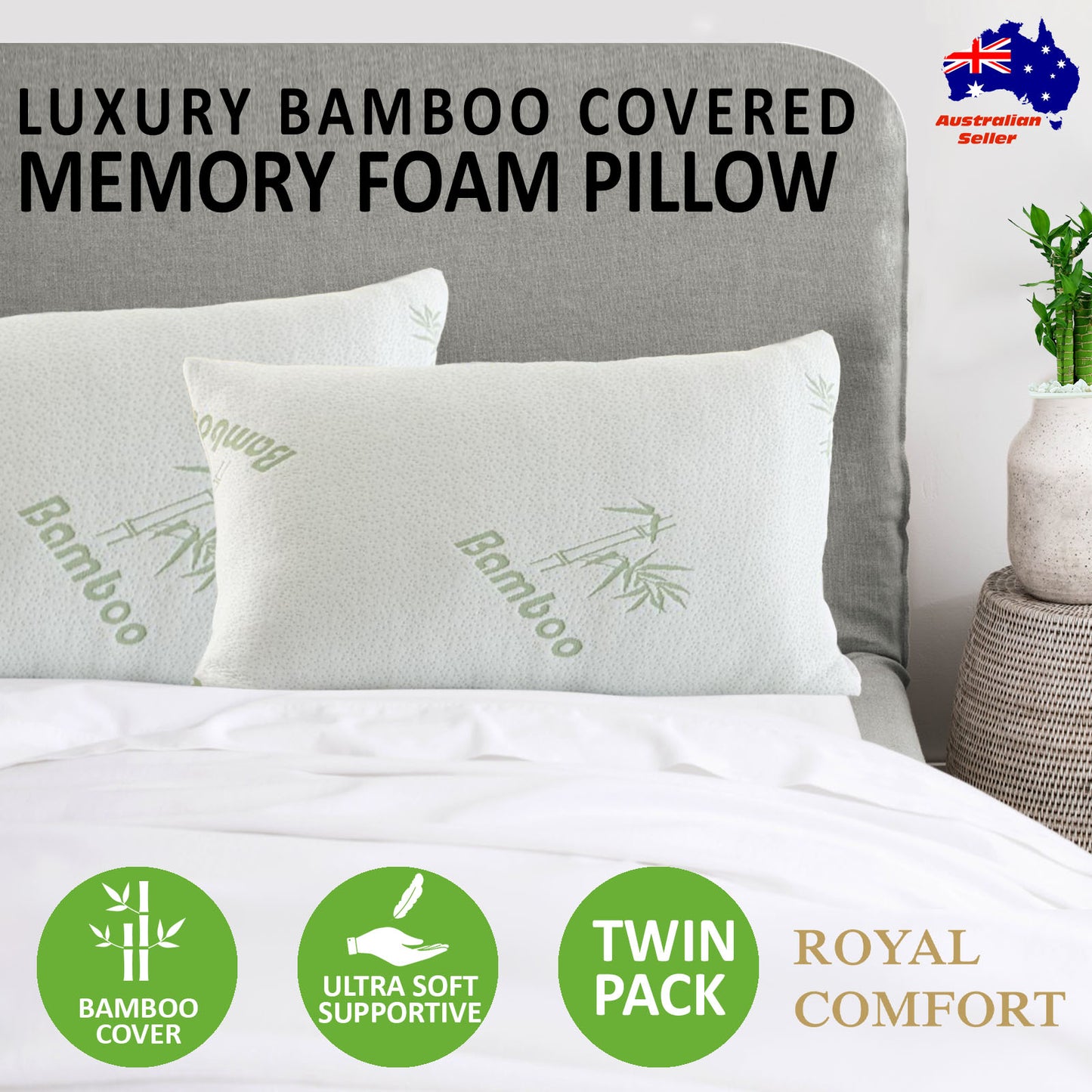 Royal Comfort Luxury Bamboo Covered Memory Foam Pillow Twin Pack Hypoallergenic V160-501760