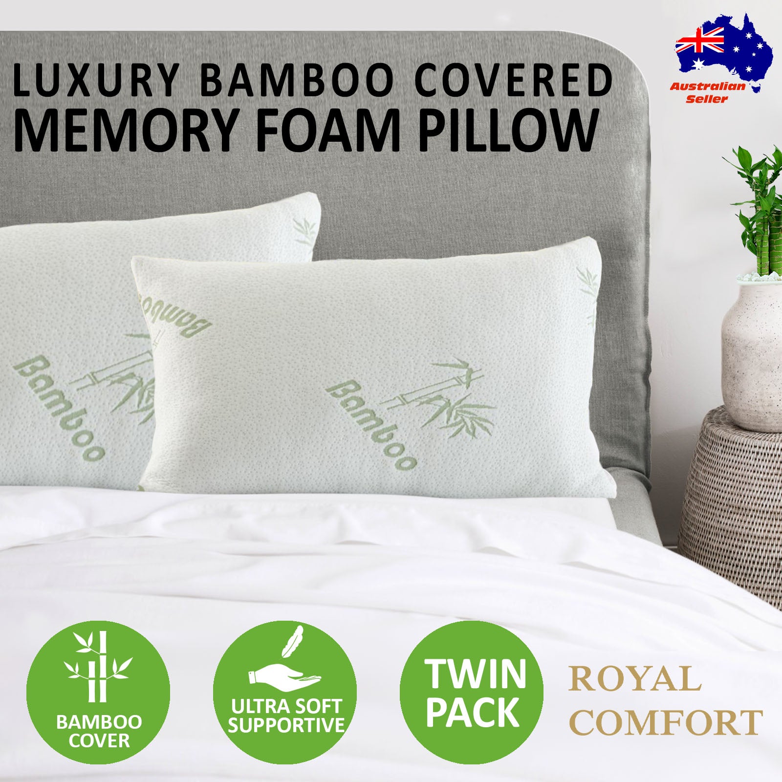 Royal Comfort Luxury Bamboo Covered Memory Foam Pillow Twin Pack Hypoallergenic V160-501760