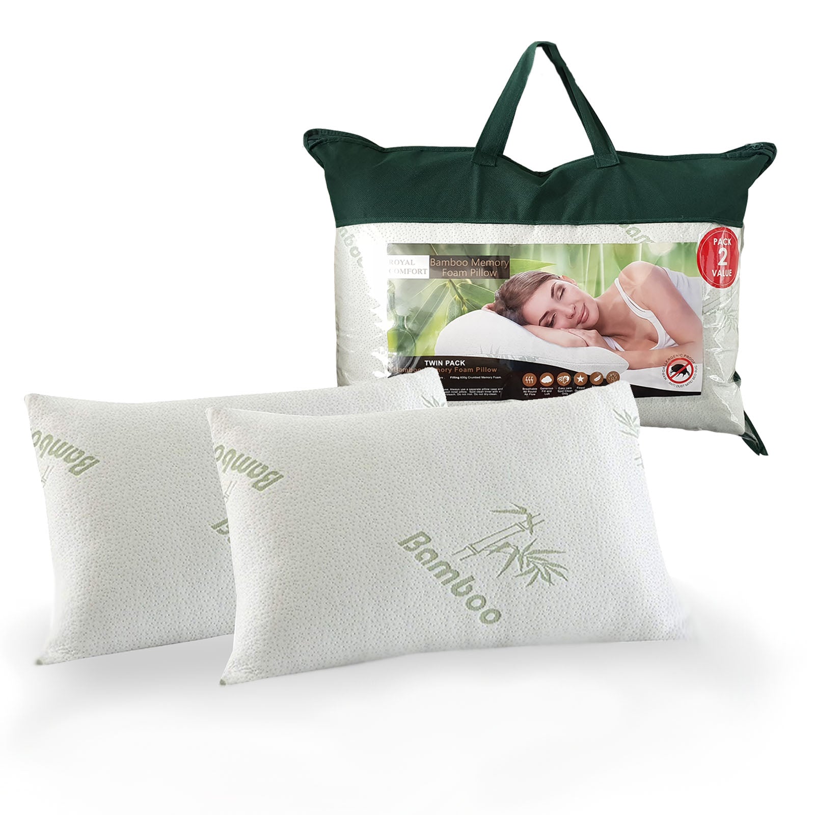 Royal Comfort Luxury Bamboo Covered Memory Foam Pillow Twin Pack Hypoallergenic V160-501760