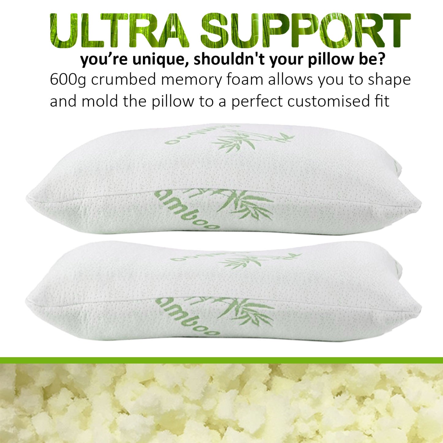 Royal Comfort Luxury Bamboo Covered Memory Foam Pillow Twin Pack Hypoallergenic V160-501760