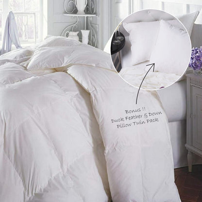 Duck Feather & Down Quilt 500GSM + Duck Feather and Down Pillows 2 Pack Combo - Queen - White V160-K1092