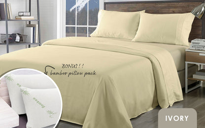Royal Comfort Bamboo Blend Sheet Set 1000TC and Bamboo Pillows 2 Pack Ultra Soft - Queen - Ivory V160-K2365
