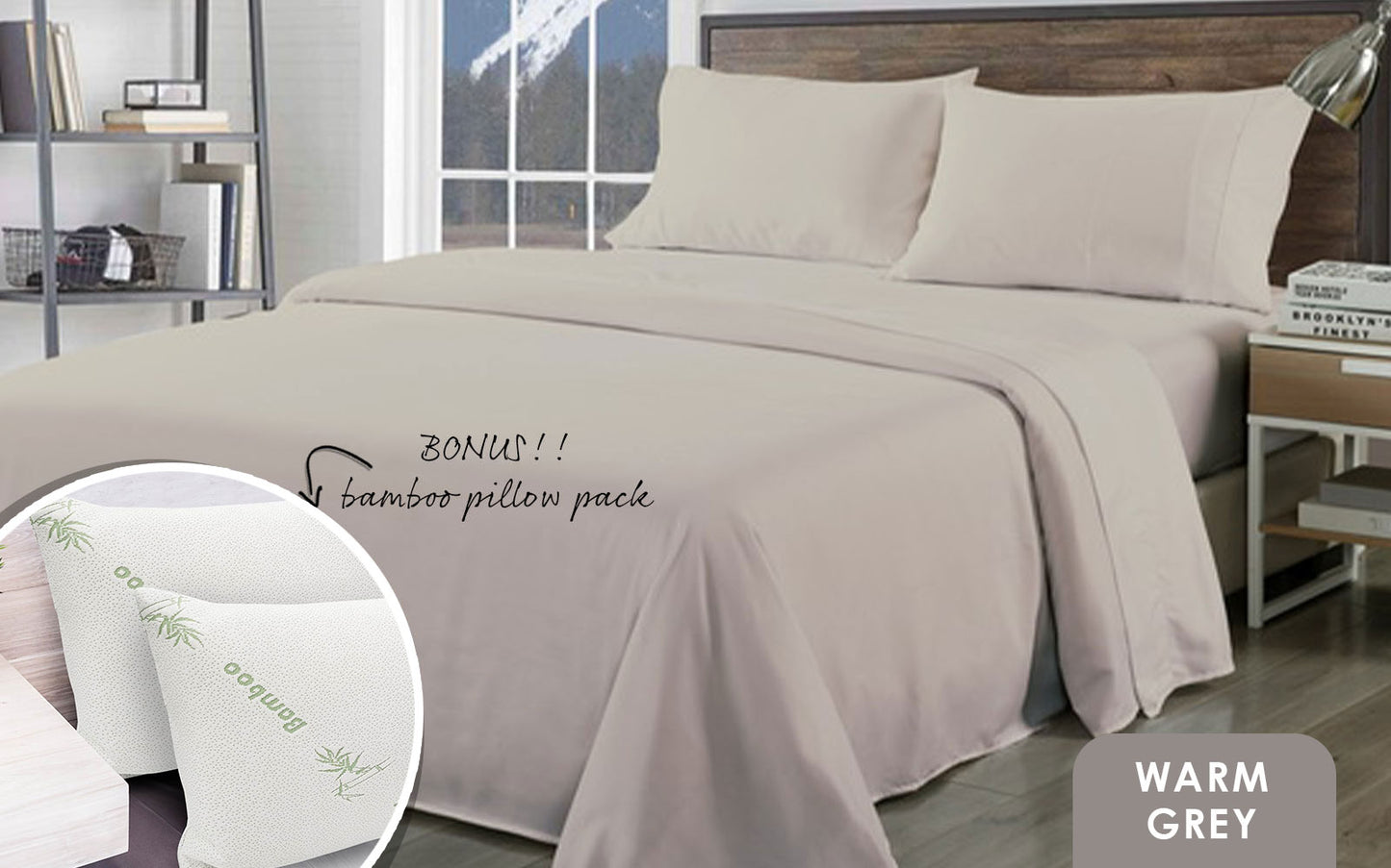 Royal Comfort Bamboo Blend Sheet Set 1000TC and Bamboo Pillows 2 Pack Ultra Soft - Queen - Warm Grey V160-K2366