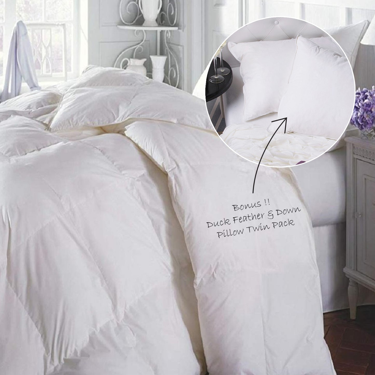 Duck Feather & Down Quilt 500GSM + Duck Feather and Down Pillows 2 Pack Combo - Super King - White V160-K2450