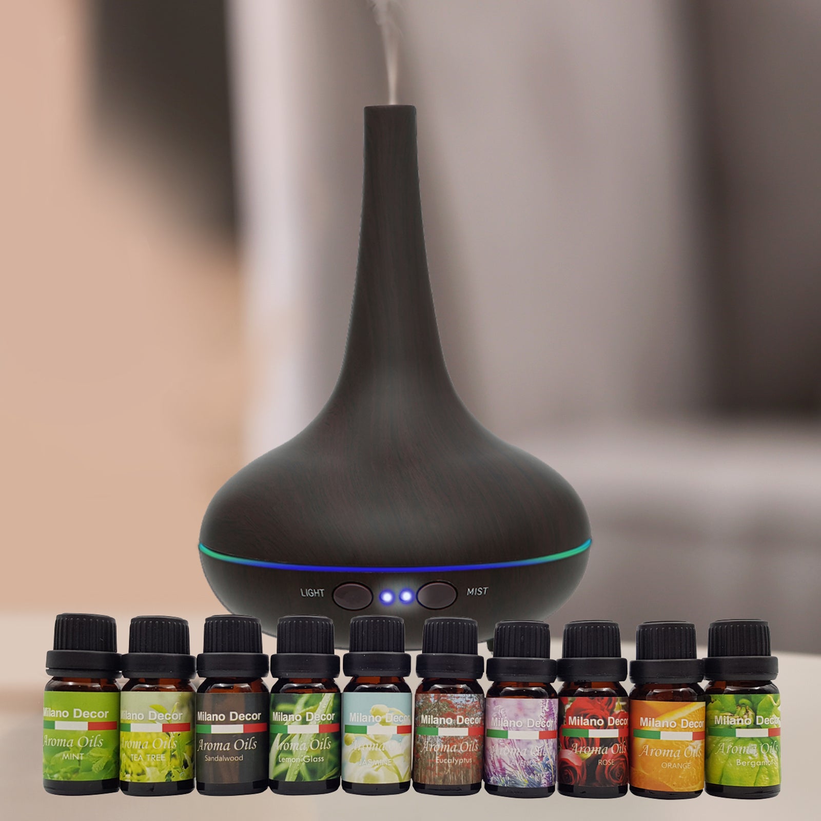 Milano Aroma Diffuser Set With 13 Pack Diffuser Oils Humidifier Aromatherapy - Dark Wood V160-K2690