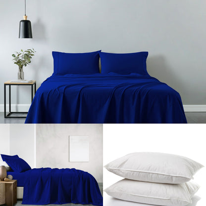 Royal Comfort 100% Cotton Vintage Sheet Set And 2 Duck Feather Down Pillows Set - Double - Royal Blue V160-K2786