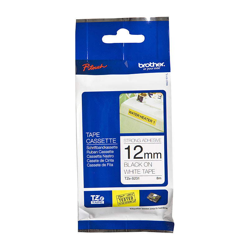 BROTHER TZeS231 Labelling Tape 12mm Black on White Strong Adhesive TZE Tape V177-D-BTZS231