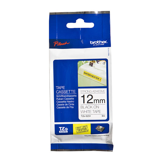 BROTHER TZeS231 Labelling Tape 12mm Black on White Strong Adhesive TZE Tape V177-D-BTZS231
