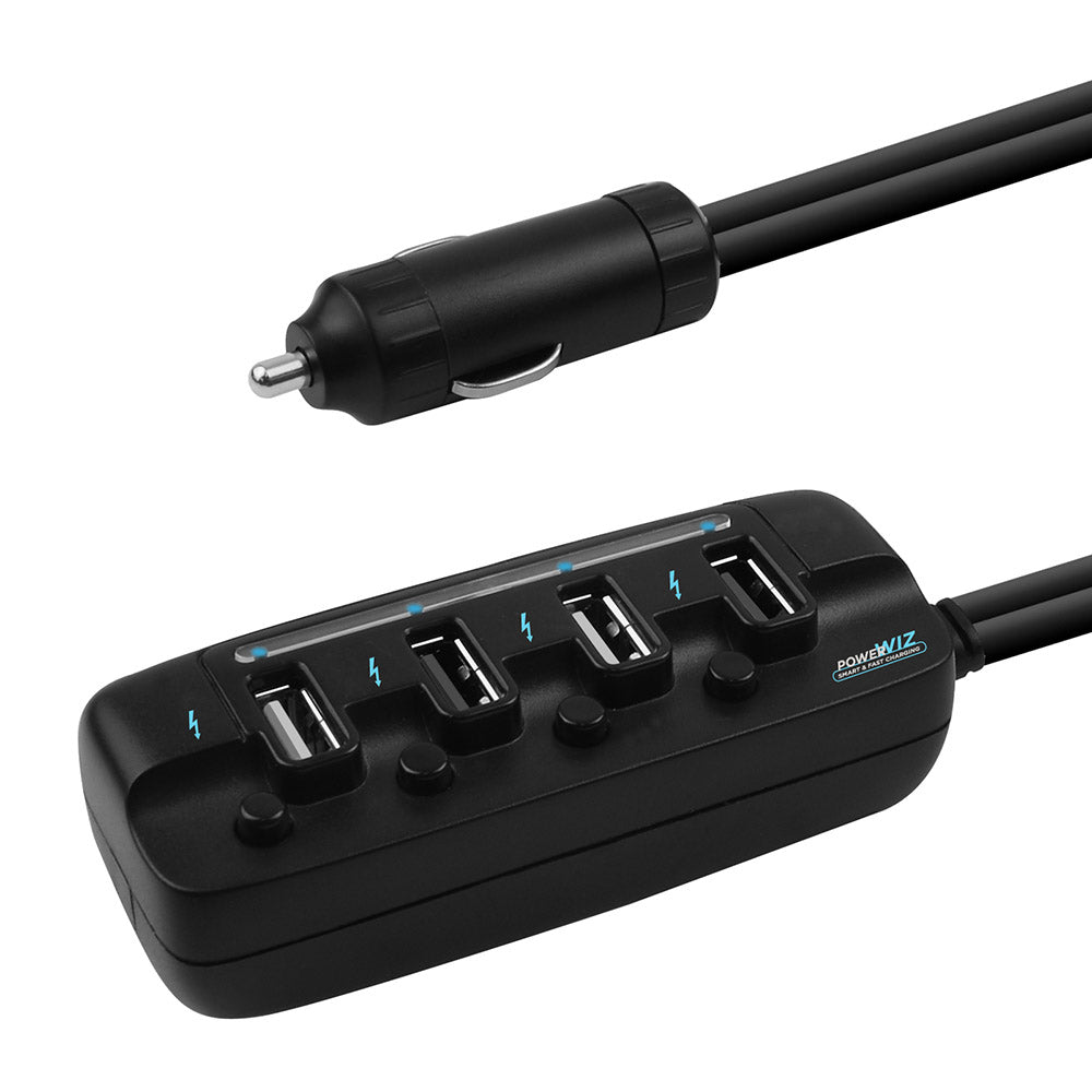 mbeat 4 Ports USB Rapid Car Charger - 40W Rapid Smart Charger/Individual ON/OFF switches/90cm Extension Cable V177-L-MPMB-MB-USBC480