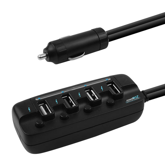 mbeat 4 Ports USB Rapid Car Charger - 40W Rapid Smart Charger/Individual ON/OFF switches/90cm Extension Cable V177-L-MPMB-MB-USBC480