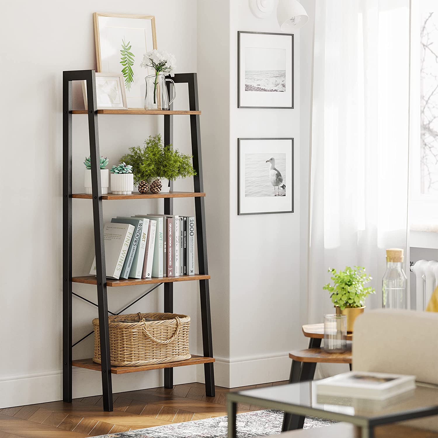 Rustic brown and black steel Metal Frame 4 Tier bookshelf V178-11055