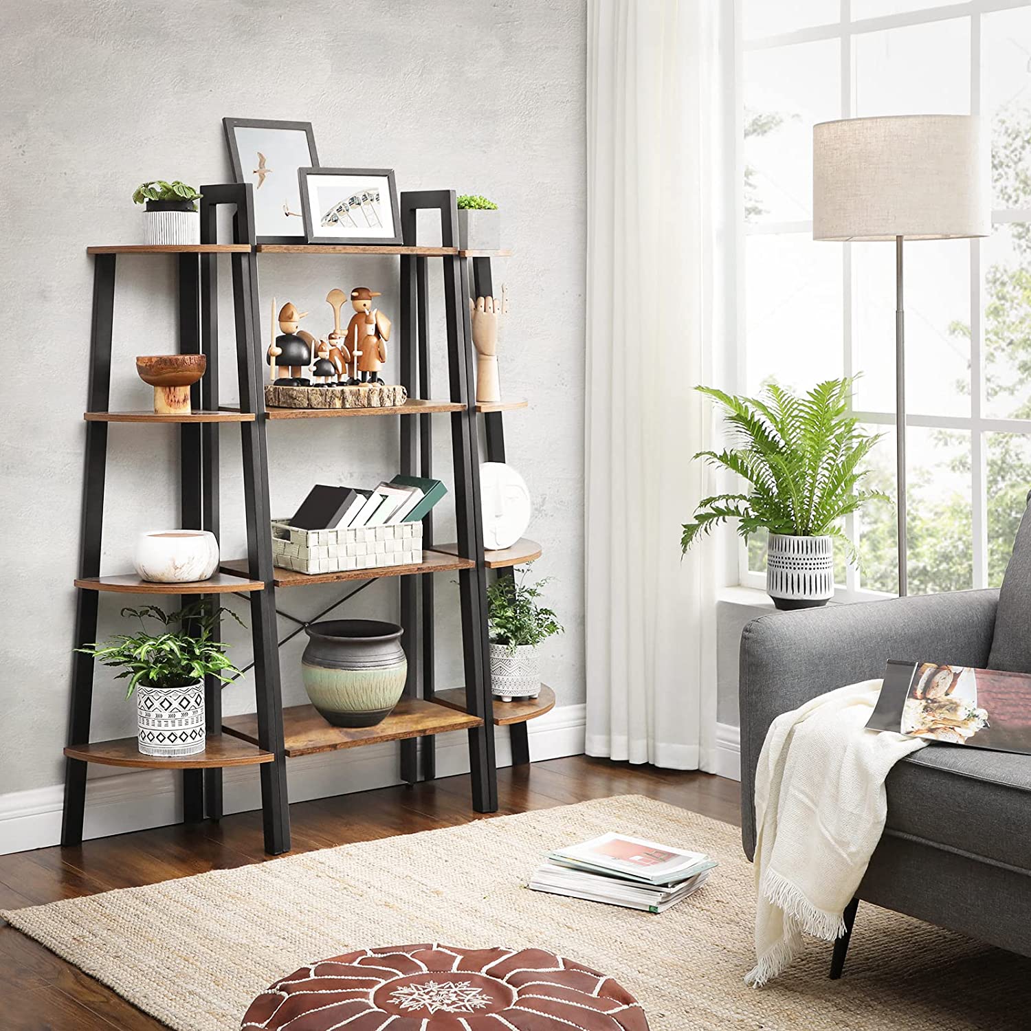 Rustic brown and black steel Metal Frame 4 Tier bookshelf V178-11055