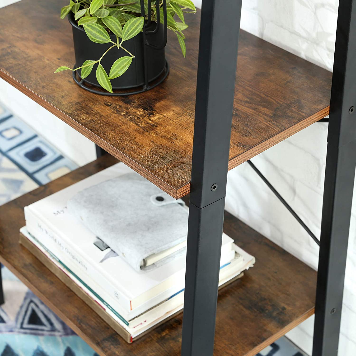 Rustic brown and black steel Metal Frame 4 Tier bookshelf V178-11055