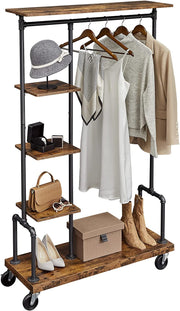 Clothing Garment Rack on Wheels with 5-Tier, Industrial Pipe Style, Rustic Brown V178-11284
