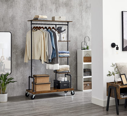 Clothing Garment Rack on Wheels with 5-Tier, Industrial Pipe Style, Rustic Brown V178-11284