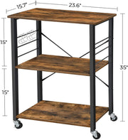 Kitchen Baker's Rack, 3-Tier Serving Cart with Metal Frame and 6 Hooks, Rustic Brown V178-11338