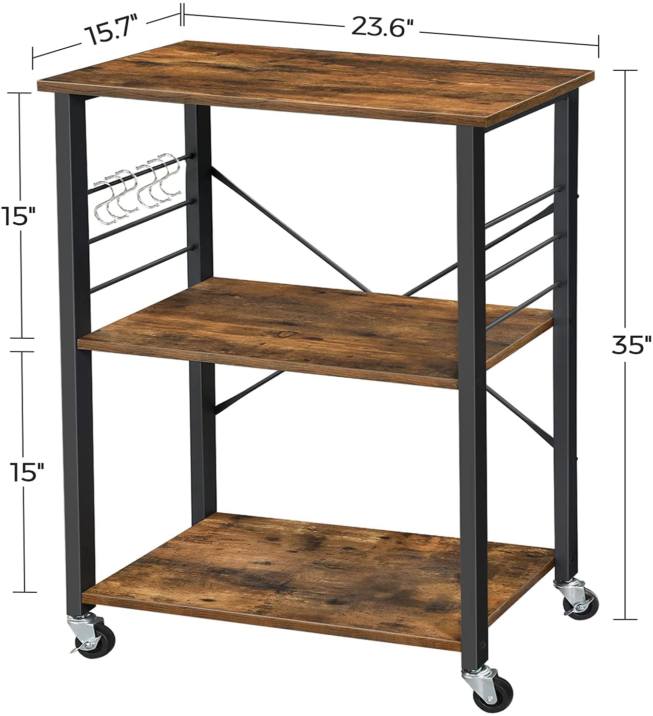 Kitchen Baker's Rack, 3-Tier Serving Cart with Metal Frame and 6 Hooks, Rustic Brown V178-11338