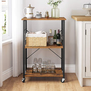 Kitchen Baker's Rack, 3-Tier Serving Cart with Metal Frame and 6 Hooks, Rustic Brown V178-11338