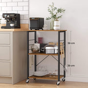 Kitchen Baker's Rack, 3-Tier Serving Cart with Metal Frame and 6 Hooks, Rustic Brown V178-11338