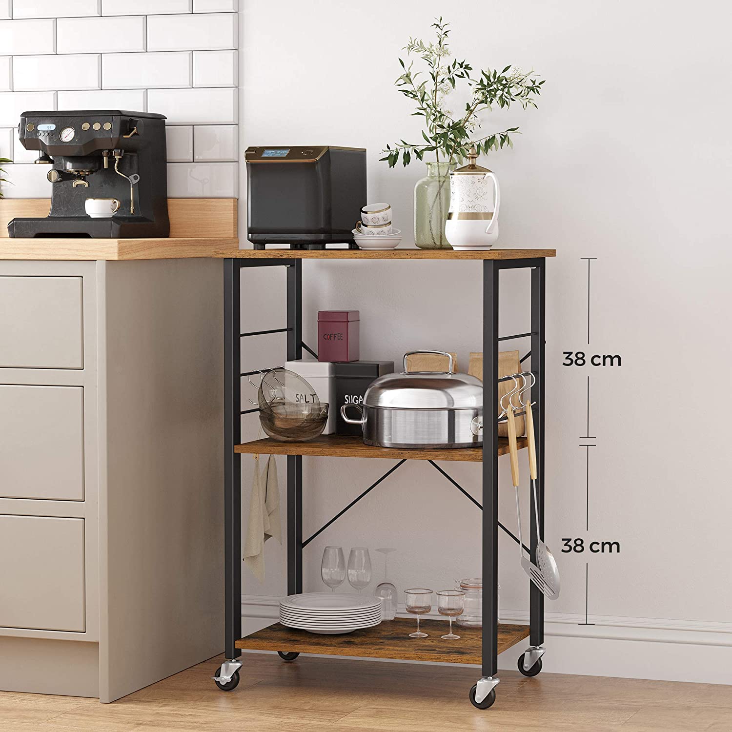 Kitchen Baker's Rack, 3-Tier Serving Cart with Metal Frame and 6 Hooks, Rustic Brown V178-11338