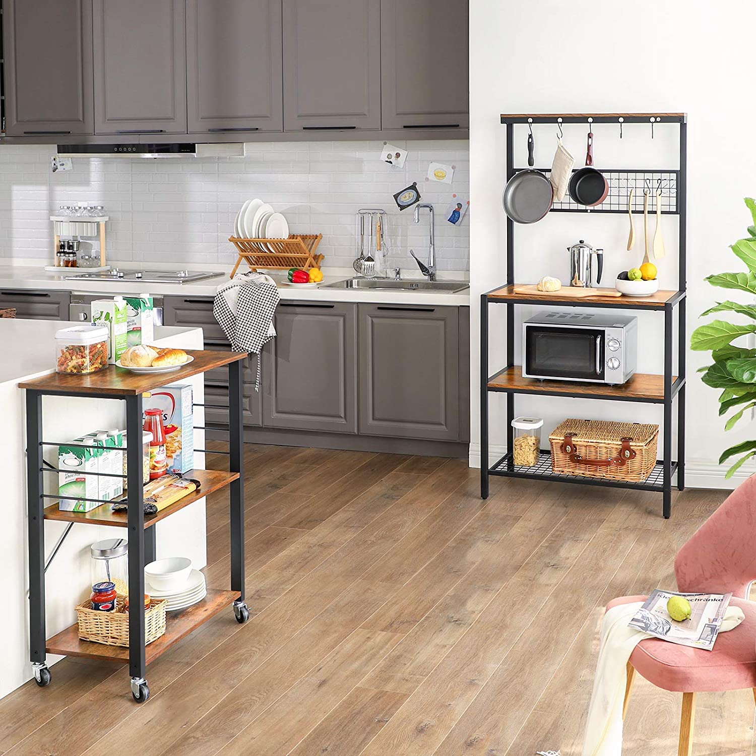Kitchen Baker's Rack, 3-Tier Serving Cart with Metal Frame and 6 Hooks, Rustic Brown V178-11338