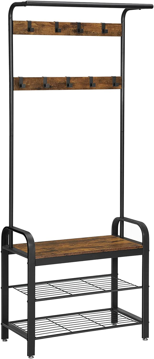 Vintage Coat Rack Shoe Bench, Wood Look Accent Furniture and Metal Frame V178-11918