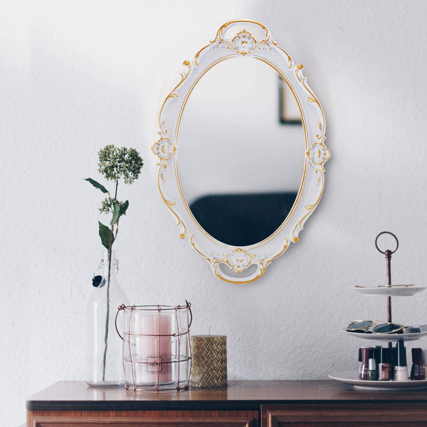 Oval Antique White 25 x 38 cm Vintage Carved Hanging Wall Mirror for Bedroom and Living-Room V178-12672