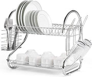 2 Tier Dish Rack with Drain Board for Kitchen Counter and Plated Chrome Dish Dryer Silver 42 x 25,5 x 38 cm V178-12689