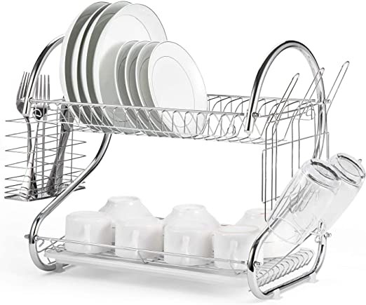 2 Tier Dish Rack with Drain Board for Kitchen Counter and Plated Chrome Dish Dryer Silver 42 x 25,5 x 38 cm V178-12689
