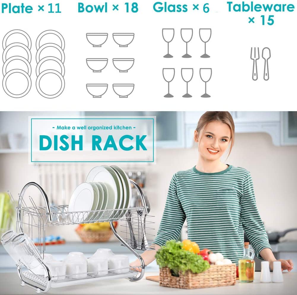 2 Tier Dish Rack with Drain Board for Kitchen Counter and Plated Chrome Dish Dryer Silver 42 x 25,5 x 38 cm V178-12689