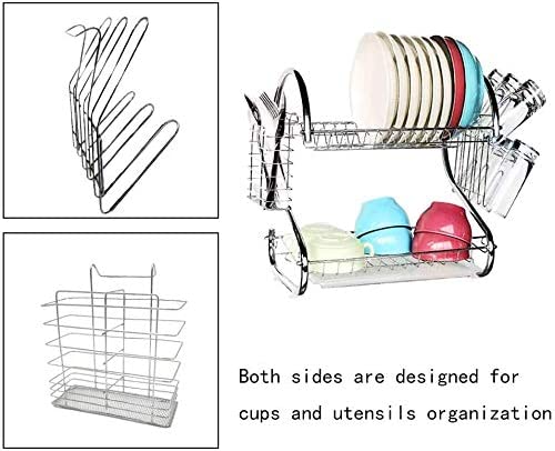 2 Tier Dish Rack with Drain Board for Kitchen Counter and Plated Chrome Dish Dryer Silver 42 x 25,5 x 38 cm V178-12689