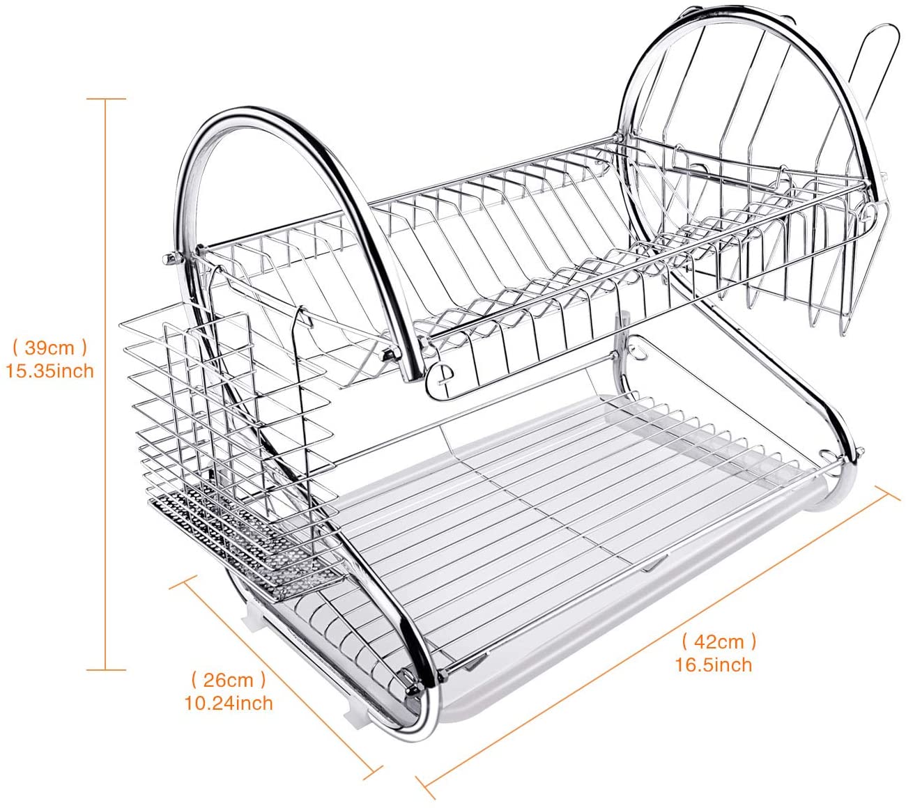 2 Tier Dish Rack with Drain Board for Kitchen Counter and Plated Chrome Dish Dryer Silver 42 x 25,5 x 38 cm V178-12689