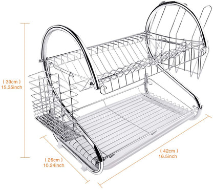2 Tier Dish Rack with Drain Board for Kitchen Counter and Plated Chrome Dish Dryer Silver 42 x 25,5 x 38 cm V178-12689